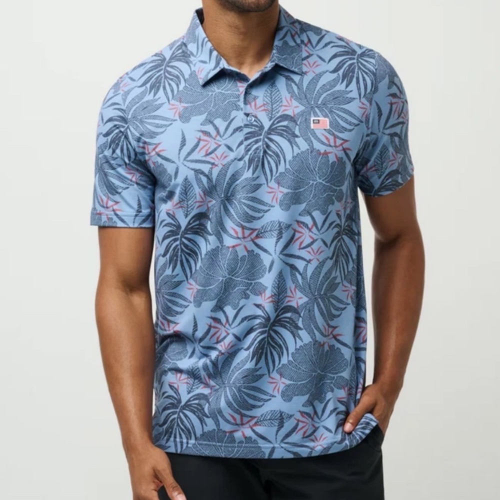 Travis Mathew Polo Shirt Mens Blue Tropical Floral Print XL